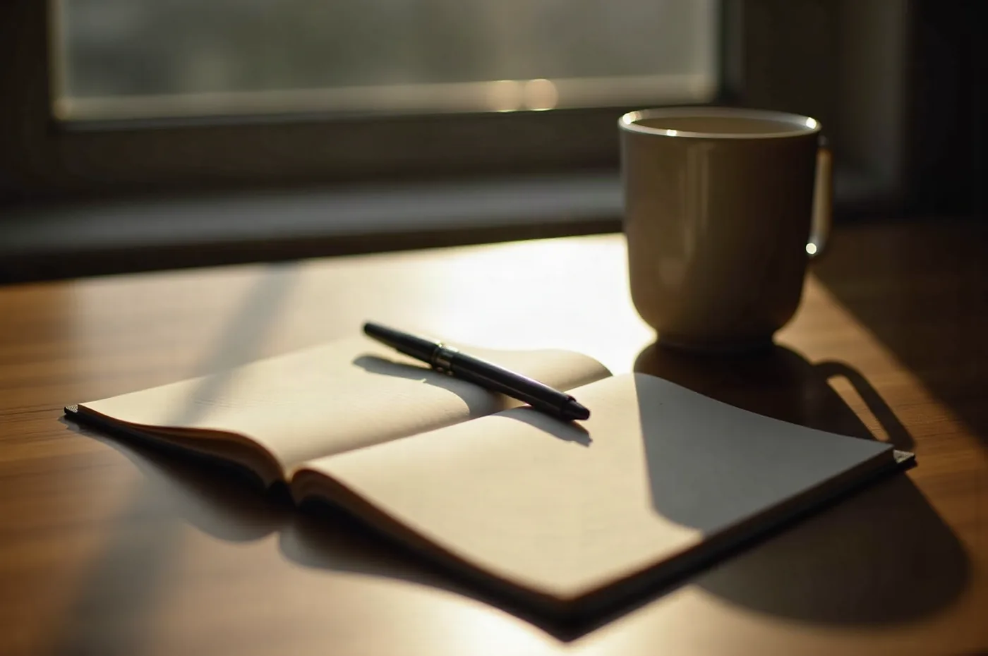 A notebook and fountain pen on a warm-lit desk in late afternoon light.