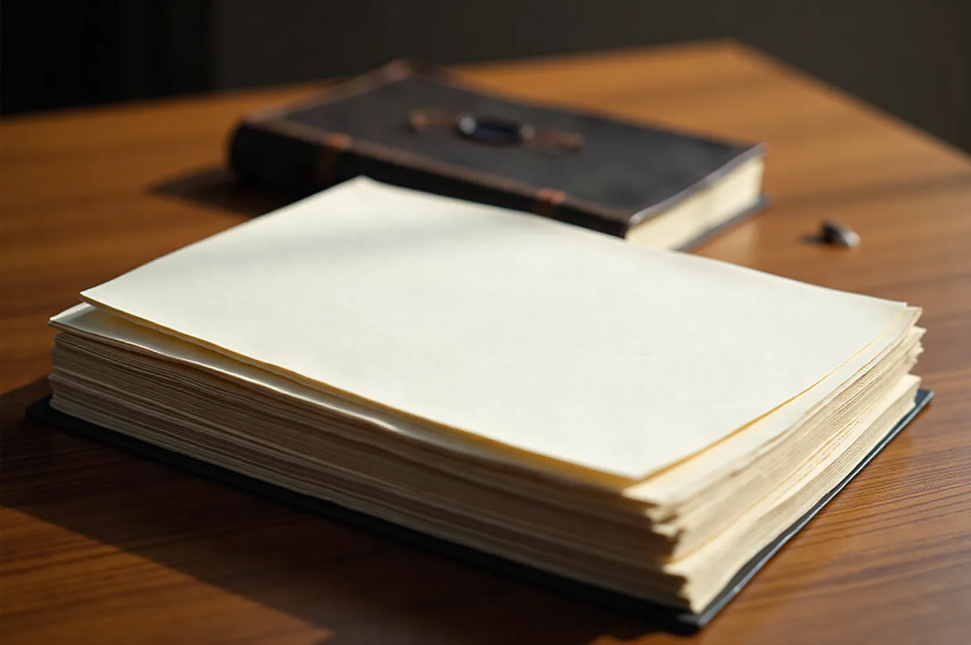 A neat stack of manuscript pages and a leather notebook on a warm wooden table in late-afternoon light.