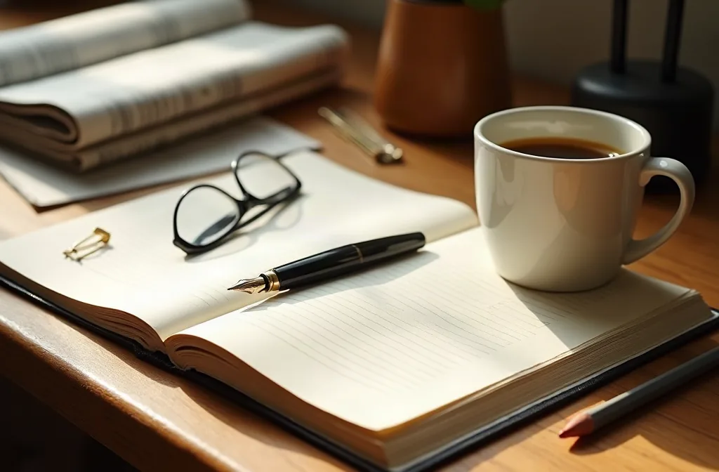 A neat stack of manuscript pages with a brass paper clip on a warm wooden desk in soft daylight.