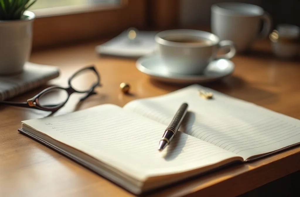 An open leather notebook and a sharpened pencil on a warm wooden desk beside a ceramic mug.