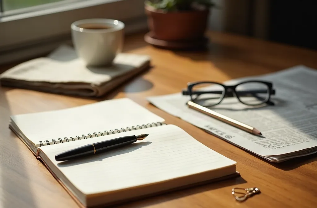 A folded newspaper and a printed page on a warm desk beside a pair of reading glasses.