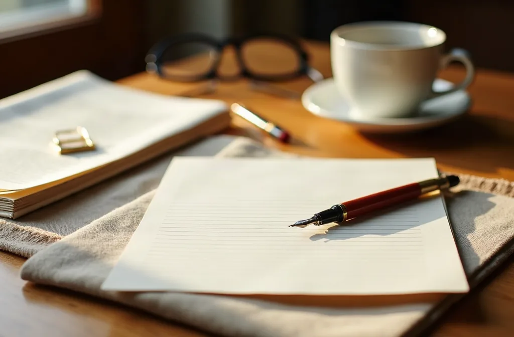A fountain pen resting on an open lined notebook beside a cup of coffee in warm window light.